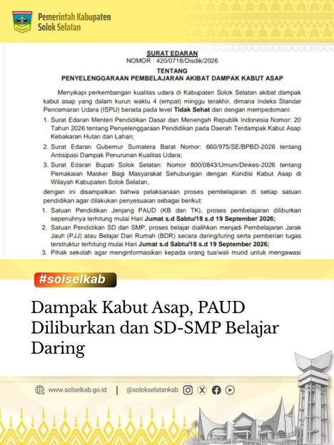 Dampak Kabut Asap, PAUD Diliburkan dan SD-SMP Belajar Daring